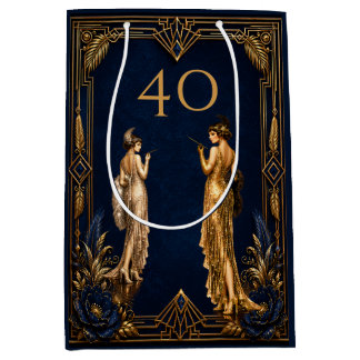  Art Deco 40th flapper girls blue gold Gatsby  Medium Gift Bag