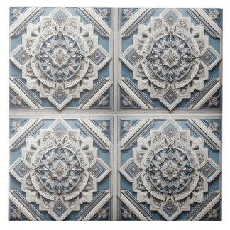 Art Deco 4 squares Lines All shades Grey Blue Tile