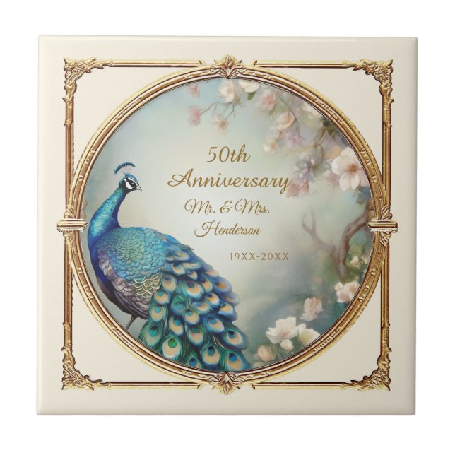 Art Deco 50th Anniversary Peacock Flower Elegant Tile (Front)