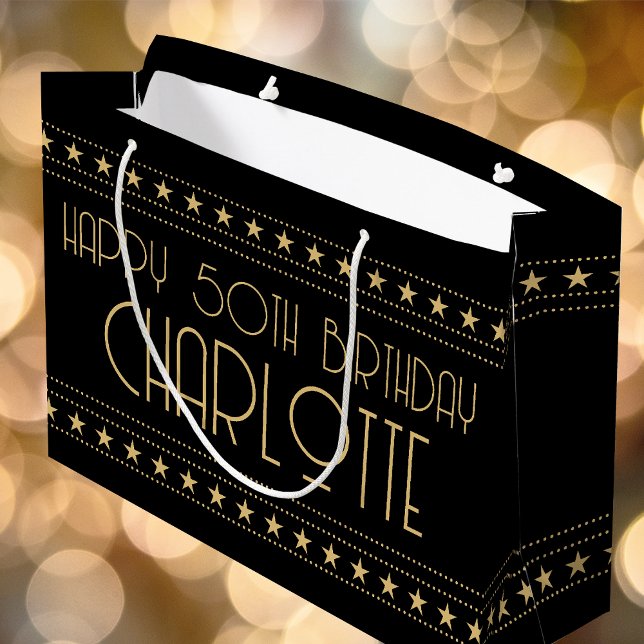 Art Deco 50th Birthday Black Gold Custom Large Gift Bag (Creator Uploaded)