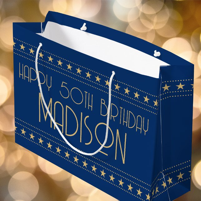 Art Deco 50th Birthday Blue Gold Custom Large Gift Bag (Creator Uploaded)