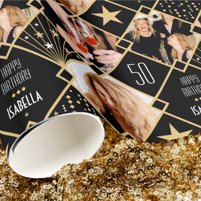 Art Deco 50th Birthday Custom Age Photos Wrapping Paper (Creator Uploaded)