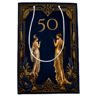  Art Deco 50th flapper girls blue gold Gatsby  Medium Gift Bag