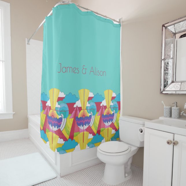 Art Deco Abstract Frieze, Turquoise, your names Shower Curtain (In Situ)