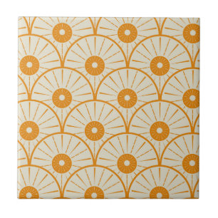 Art Deco Abstract Orange Sun on White  Tile
