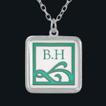 Art Deco Abstract Teal Square Monogram Silver Plated Necklace<br><div class="desc">Minimalist art decor ornate teal square design.</div>
