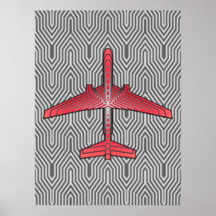 Art Deco Aeroplane, Coral Orange and Silver Grey Poster