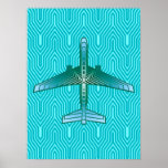 Art Deco Aeroplane, Turquoise, Teal and Aqua Poster<br><div class="desc">Print in an Art Deco inspired concept of a futuristic plane,  in a striped,  silky gradient of teal,  turquoise and aqua,  on a turquoise and aqua,  Deco background</div>