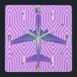 Art Deco Aeroplane, Violet Purple and Silver Grey Square Wall Clock<br><div class="desc">Clock in an Art Deco inspired concept of a futuristic plane,  in a striped,  silky gradient of lilac to deep violet purple,  with bands of silver grey / grey,  on a pastel lilac and orchid,  Deco background</div>