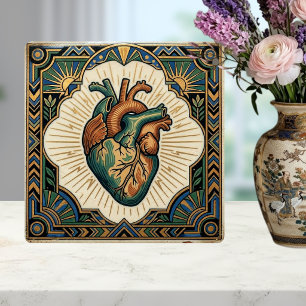 Art Deco Anatomical Heart Teal Green Gold Design Tile