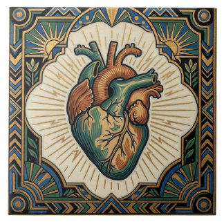 Art Deco Anatomical Heart Teal Green Gold Design Tile