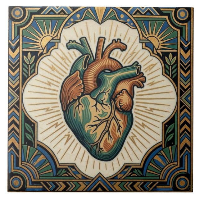 Art Deco Anatomical Heart Teal Green Gold Design Tile (Front)