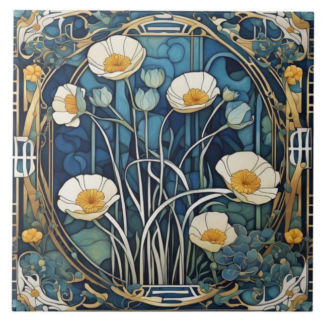 Art Deco Anemone Flowers Art Nouveau Blue Floral Tile (Front)