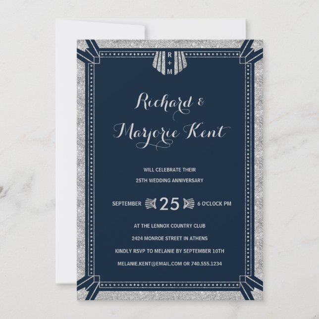 Art Deco Anniversary Party Silver and Navy Blue Invitation (Front)