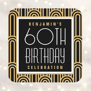 Art Deco Any Age Birthday Party Name Black Gold Square Sticker