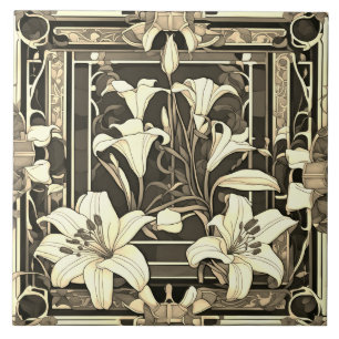 Art Deco Art Nouveau Cream Lily Flower Gray Floral Tile