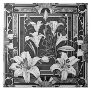 Art Deco Art Nouveau White Lily Flower Grey Floral Tile