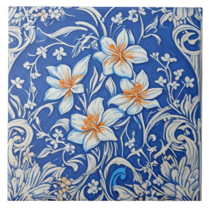 Art Deco Art Nouveau White Lily Flowers on Blue Tile