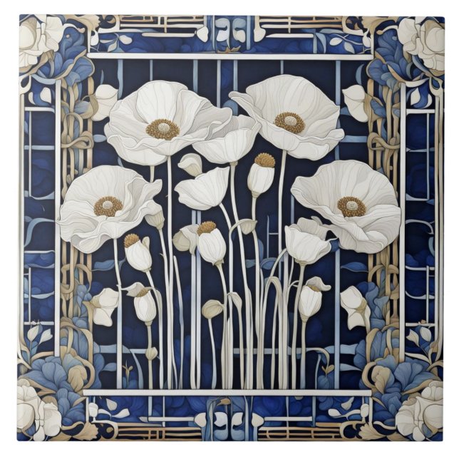Art Deco Art Nouveau White Poppy Flowers Blue Tile (Front)