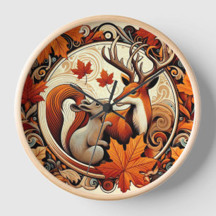 Art Deco Autumn Leaves and Deer Wall Clock