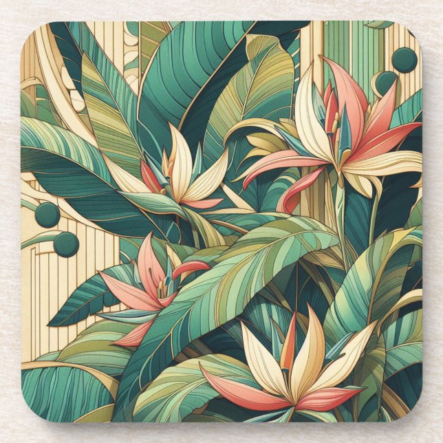 Art Deco Banana Leaf Hard plastic coaster set (Front)