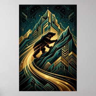 Art Deco Bear Mountain Climb Golden Path Poster