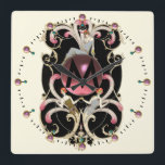 ART DECO BEAUTY FASHION PINK GEMSTONE MONOGRAM SQUARE WALL CLOCK<br><div class="desc">Vibrant , classy French Art Deco  high fashion illustration.Monogram design with 3D ruby gem stone, beautiful ladies, pink feathers, swirls in black  white , red, pink fuchsia  colors .Cool , modern and artistic design by Bulgan Lumini (c)</div>