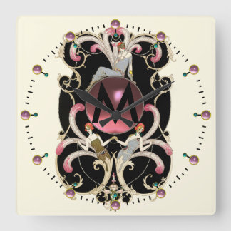 ART DECO BEAUTY FASHION PINK GEMSTONE MONOGRAM SQUARE WALL CLOCK