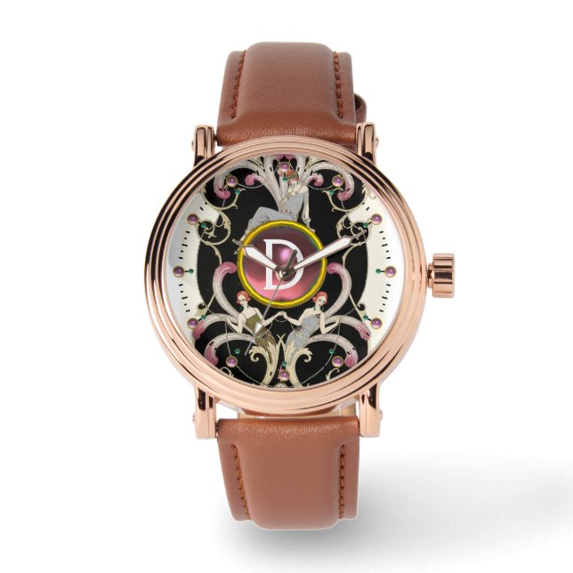 ART DECO BEAUTY FASHION PINK GEMSTONE MONOGRAM WATCH (Front)
