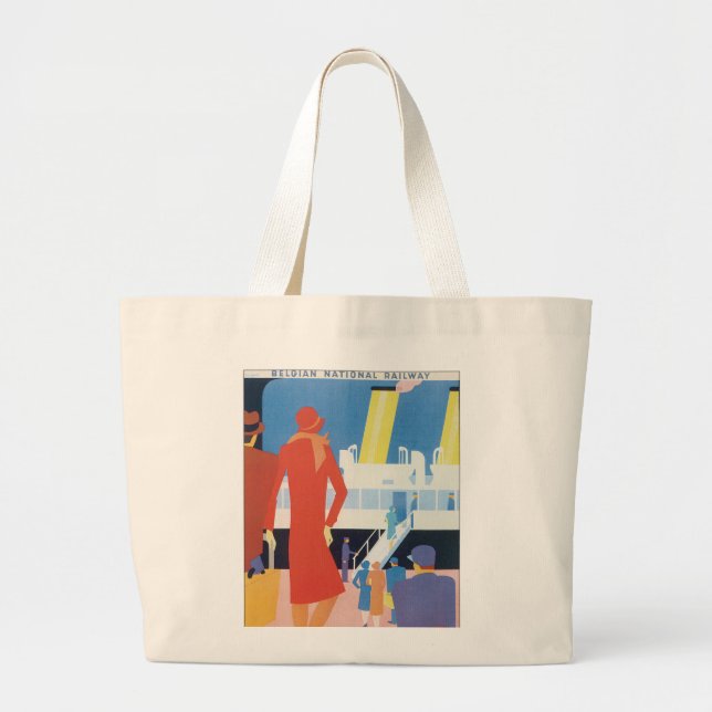 Art Deco Belgian Ferry Poster Large Tote Bag (Front)