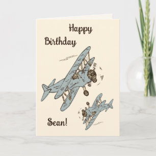 Art Deco Bi-planes - blue Happy Birthday + name. Card