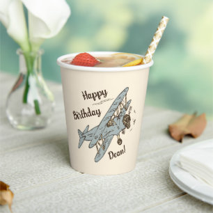 Art Deco Bi-planes - blue Happy Birthday + name. Paper Cups