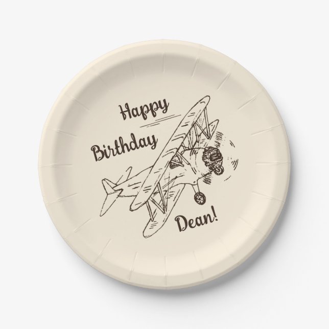 Art Deco Bi-planes - Happy Birthday + name. Paper Plate (Front)