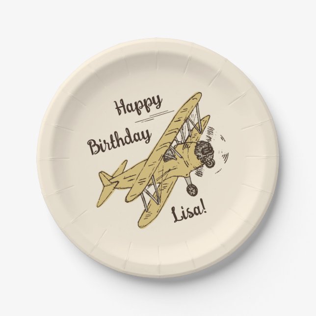 Art Deco Bi-planes - yellow Happy Birthday + name. Paper Plate (Front)