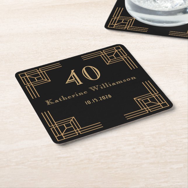 Art Deco Birthday Black Gold Roaring 20's Square Paper Coaster (Angled)