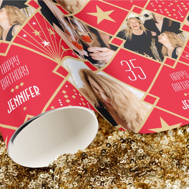 Art Deco Birthday Custom Age Photos Red Gold Wrapping Paper (Creator Uploaded)