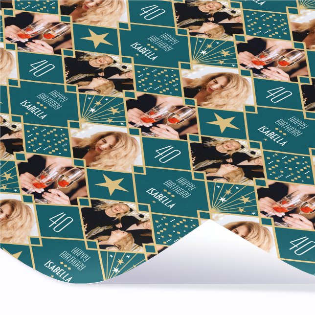 Art Deco Birthday Custom Photo Any Age 40th Teal Wrapping Paper (Creator Uploaded)