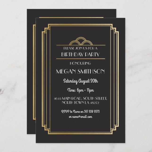 Art Deco Birthday Party Invite Gold 21 30 40 50 60 (Front/Back)