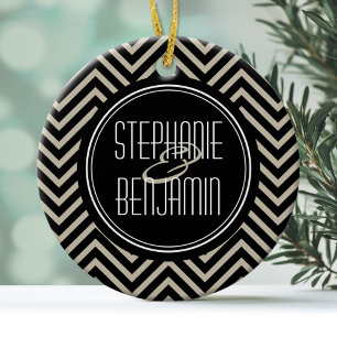 Art Deco Black and Beige Chevron Pattern Ceramic Tree Decoration