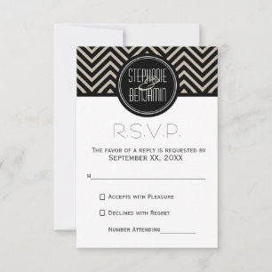 Art Deco Black and Beige Chevron Pattern RSVP Card