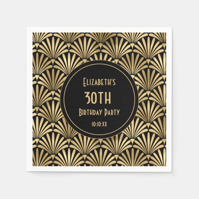 Art Deco Black and Gold 30th Birthday Party   Napkin (Front)