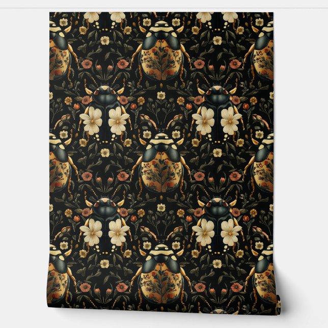 Art Deco Black And Gold Floral Beetle Pattern Wallpaper (Unrolling)