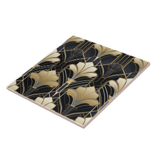 Art Deco Black and Gold Floral  Tile