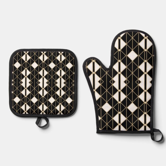 Art Deco Black and Gold Geometric luxury Oven Mitt & Pot Holder Set (Front)