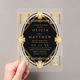 Art Deco Black and Gold Geometric Wedding  Acrylic Invitations
