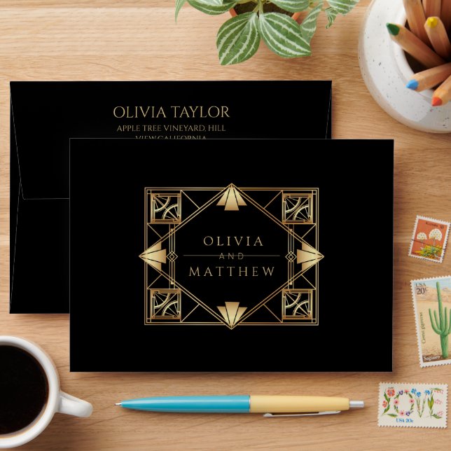 Art Deco Black and Gold Geometric Wedding  Envelope (Desk)