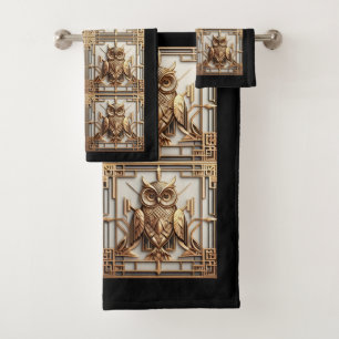Art Deco Black and Gold Owl Bath Towel Set