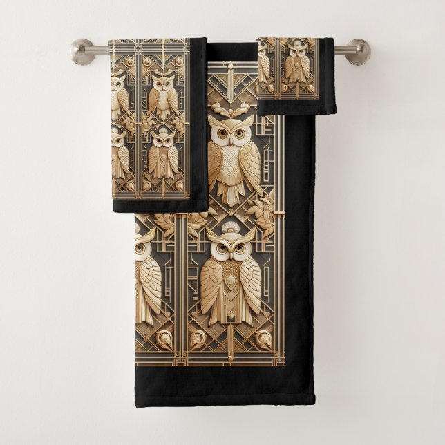 Art Deco Black and Gold Owl Bath Towel Set (Insitu)