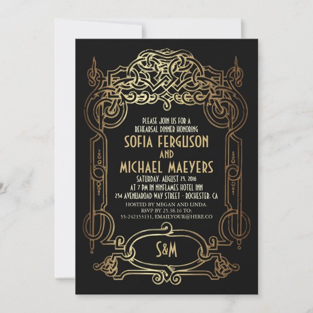 Art Deco Black and Gold Rehearsal Dinner Invitation (Front)