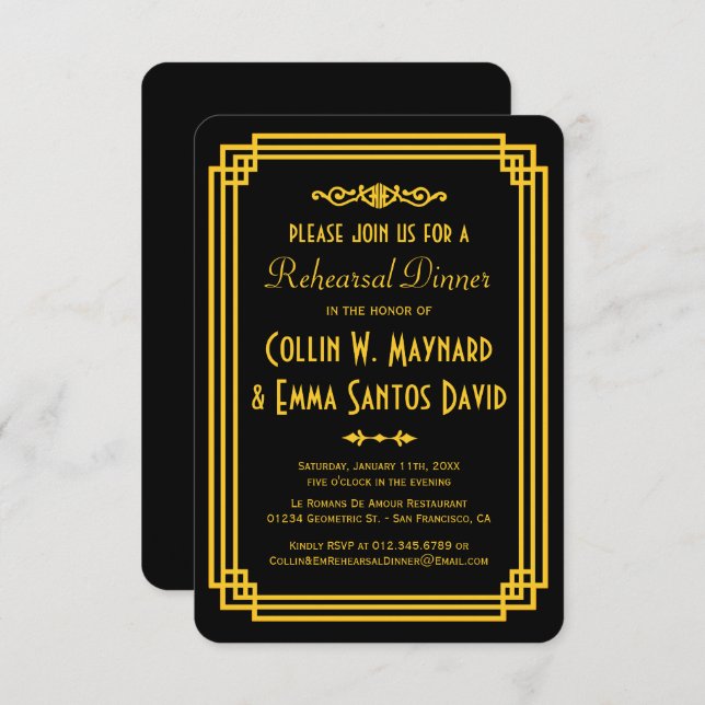 Art Deco Black and Gold Rehearsal Dinner Invites (Front/Back)
